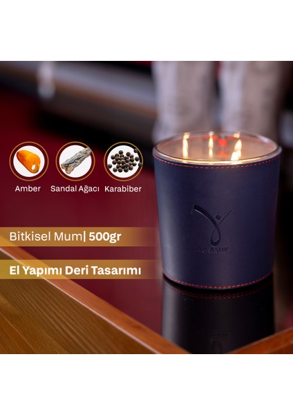 Deri Hayal Lacivert Bitkisel Mum 500GR Sandal Ağacı, Amber & Karabiber modelleri