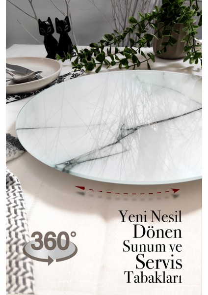 SUNUM360 Beyaz Mermer Desenli, Dönen Standlı Lüx Servis Sunum Tabağı. Dönen Pasta ve Peynir Tabağı Standı Lazy Susan