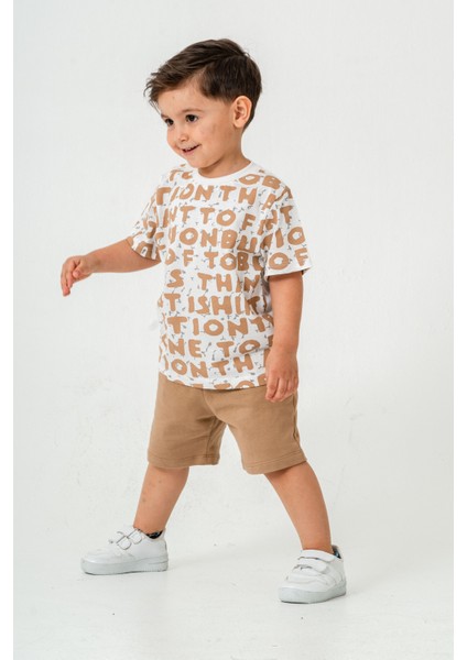 Erkek Çocuk Harf Baskılı T-Shirt Şort Alt Üst Yazlık Ikili Takım Açık Kahve