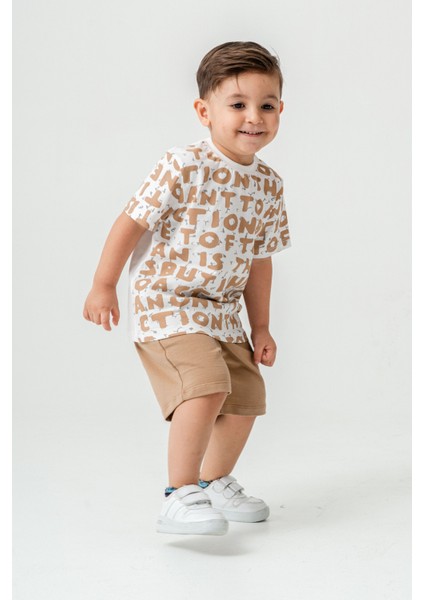 Erkek Çocuk Harf Baskılı T-Shirt Şort Alt Üst Yazlık Ikili Takım Açık Kahve modelleri