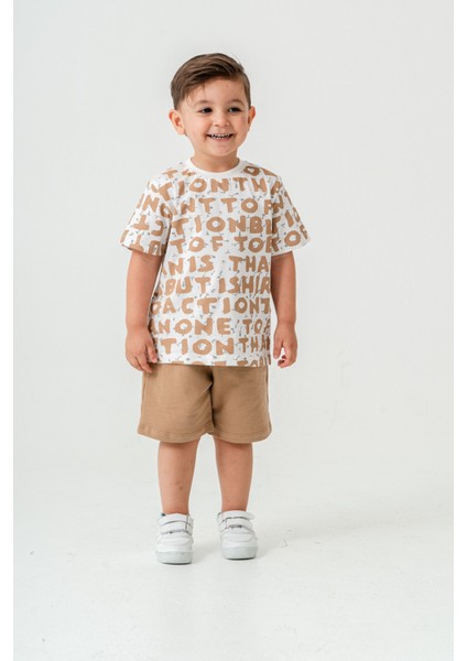 Erkek Çocuk Harf Baskılı T-Shirt Şort Alt Üst Yazlık Ikili Takım Açık Kahve fırsatları