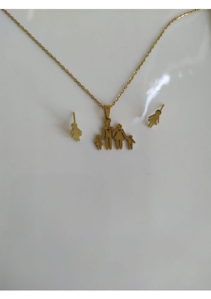 316L Paslanmaz Çelik Gold Renk Anne Baba Çocuklar Aile Konseptli 40 cm Kadın Kolye Küpe Seti