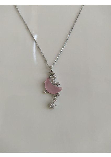 316L Paslanmaz Çelik Zincir Gümüş Renk Pembe Sedefli Ay Model Zirkon Taşlı 40 cm Kadın Kolye