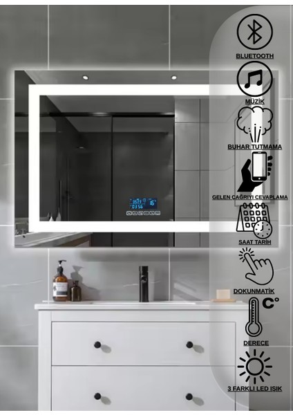 80x60 Dokunmatik Akıllı Ayna Bluetoothlu Buhar Tutmayan Hd 3 Renk Ledli Banyo Aynası Lavabo Aynası