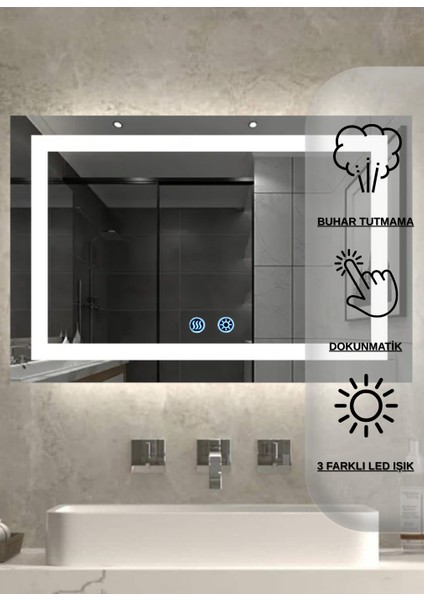 Dokunmatik Akıllı Buhar Tutmayan Banyo Aynası 3 Renk Ledli Dekoratif Duvar Ofis Lavabo Aynası 60x80