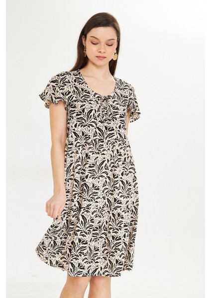 Desenli V Yaka Kısa Elbise fiyatları