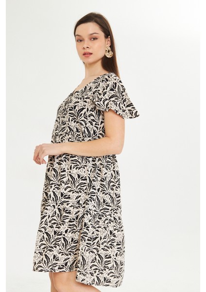 Desenli V Yaka Kısa Elbise fırsatları