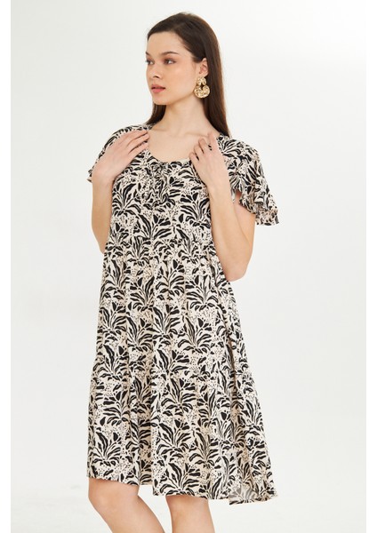 Desenli V Yaka Kısa Elbise indirimleri