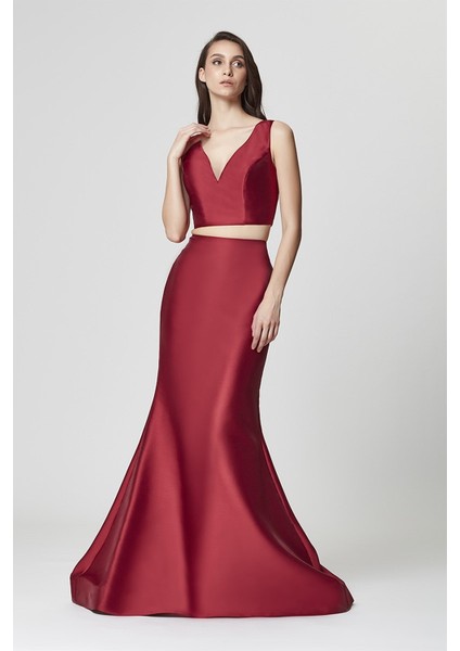 Bordo Sırtı V Ikili Takım Abiye