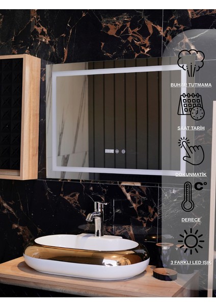 Dokunmatik Akıllı Buhar Tutmayan 3 Renk Ledli Banyo Aynası Dekoratif Duvar Ofis Lavabo Aynası 60x80