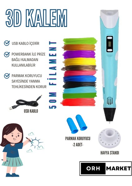 3D KalemUSB Kablolu Üç Boyutlu Yazıcı Kalem Printer-Mavi (10 Adet 5m Filament -50METRE-)