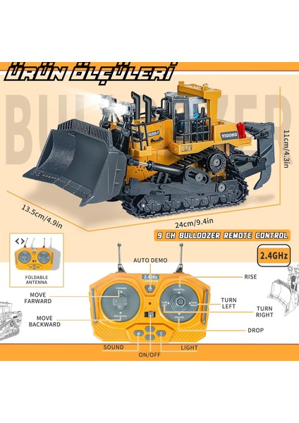Işıklı Sesli Full Fonksiyon Metal Hareketli Buldozer 9 Kanal 2.4ghz Uzaktan Kumandalı Iş Makinesi Kepçe Rc