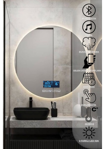 75cm Dokunmatik Akıllı Ayna Bluetoothlu Buhar Tutmayan Banyo Aynası 3 Renk Ledli Lavabo Aynası