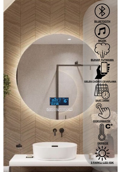 Dokunmatik Akıllı Ayna Bluetoothlu Dokunmatik Buhar Tutmayan 3 Renk Ledli Banyo Aynası Lavabo Aynası 70 cm