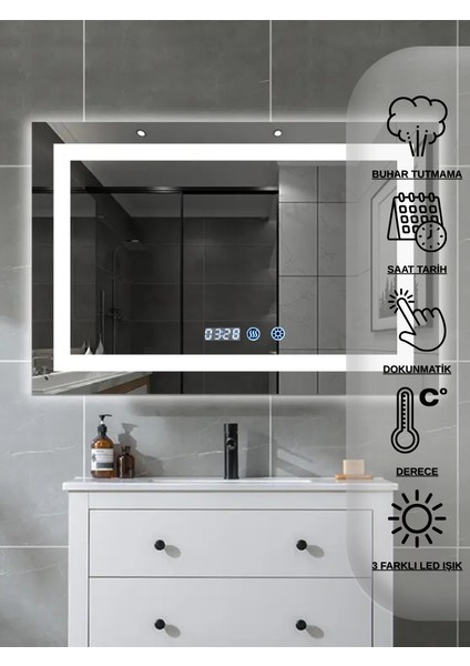 70x50 Dokunmatik Akıllı Ayna Buhar Tutmayan 3 Renk Ledli Banyo Aynası Lavabo Aynası fiyatları