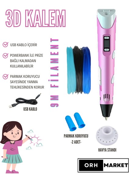 ORH MARKET 3D Kalem USB Kablolu Üç Boyutlu Yazıcı Kalem Printer-Pembe (3 Adet 3m Filament -9metre-)