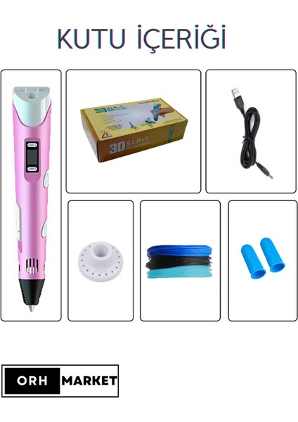 ORH MARKET 3D Kalem USB Kablolu Üç Boyutlu Yazıcı Kalem Printer-Pembe (3 Adet 3m Filament -9metre-)