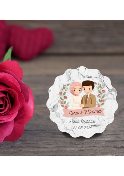 Isme Özel Söz, Kına, Nikah, Nişan, Düğün Hatırası Ahşap Magnet 50 Adet - Beyaz