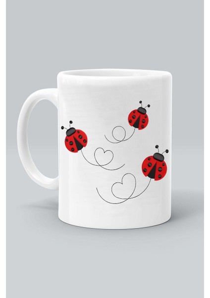 Uğur Böceği Kalp Desen Tasarım Baskılı Beyaz Kupa Bardak