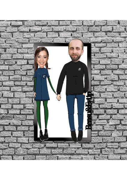 Kişiye Özel Ahşap Üzerine Karikatür Resim Baskı - Çiftlere Özel Tek Ebat