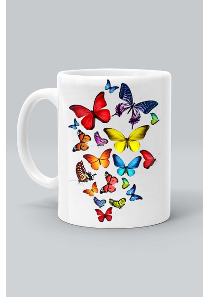 Renkli Kelebek Desen Butterfly Tasarım Baskılı Beyaz Kupa Bardak