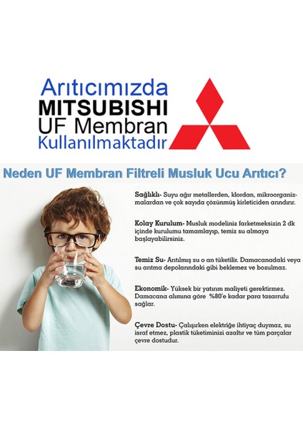Water UF Membran Filtreli Musluk Ucu Arıtıcı / 3 Adet UF Membran Filtreli Kartuş / GW-D01P2