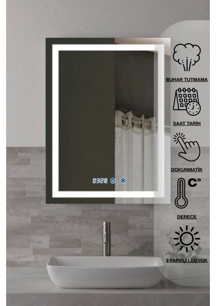 60x90 Dokunmatik Akıllı Buhar Tutmayan 3 Renk Ledli Banyo Aynası Dekoratif Duvar Ofis Lavabo Aynası