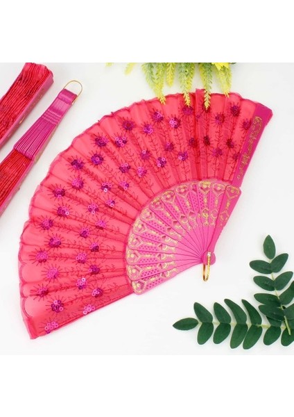 Plastik Pullu Kumaş Yelpaze 12'li Fuşya