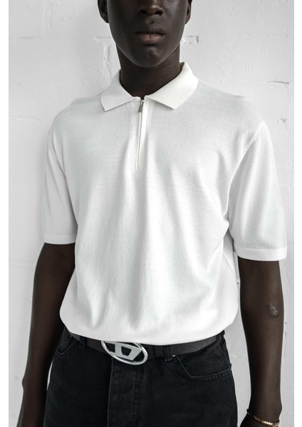 Erkek Yarım Fermuarlı Polo Yaka T-Shirt Beyaz