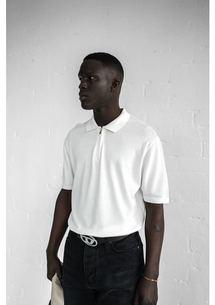 Erkek Yarım Fermuarlı Polo Yaka T-Shirt Beyaz modelleri