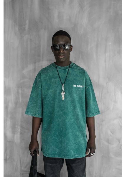 Erkek Eskitme Efektli Yıkamalı Baskılı Oversize T-Shirt Yeşil
