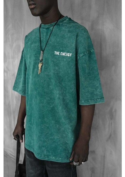 Erkek Eskitme Efektli Yıkamalı Baskılı Oversize T-Shirt Yeşil fiyatları