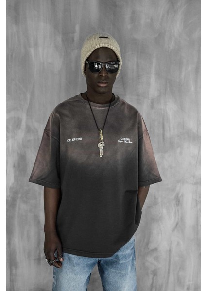 Erkek Renk Geçişli Baskılı Oversize Yıkamalı T-Shirt Kahverengi