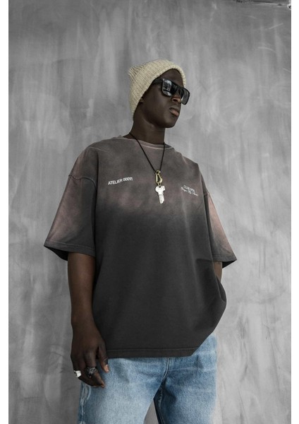 Erkek Renk Geçişli Baskılı Oversize Yıkamalı T-Shirt Kahverengi fiyatları