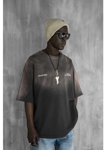 Erkek Renk Geçişli Baskılı Oversize Yıkamalı T-Shirt Kahverengi modelleri