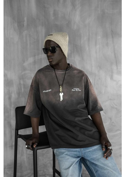 Erkek Renk Geçişli Baskılı Oversize Yıkamalı T-Shirt Kahverengi fırsatları