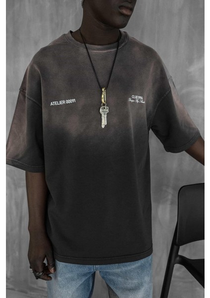 Erkek Renk Geçişli Baskılı Oversize Yıkamalı T-Shirt Kahverengi indirimleri