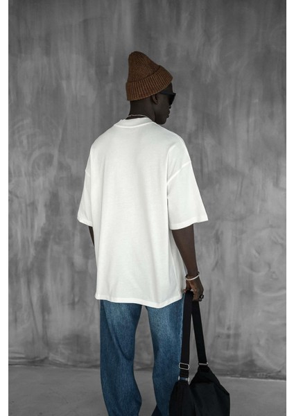 Erkek Oversize Fitilli Bisiklet Yaka T-Shirt Beyaz modelleri