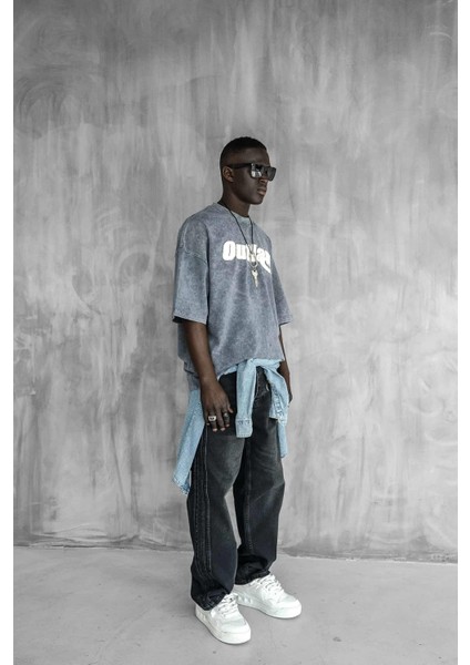 Erkek Yıkamalı Yumuşak Dokulu Oversize T-Shirt Füme fırsatları