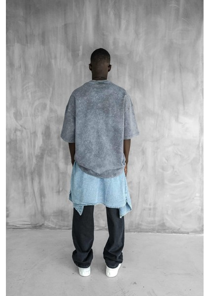 Erkek Yıkamalı Yumuşak Dokulu Oversize T-Shirt Füme indirimleri