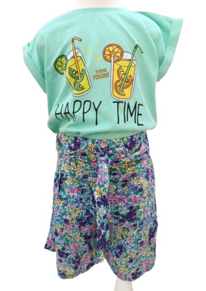 Kız Çocuk İkili Takım T-Shirt Çiçekli Şortlu 3-4 Yaş Çok Renkli
