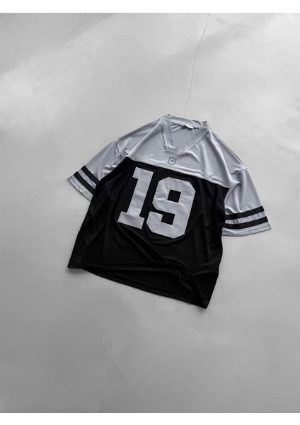 Erkek Sayı Nakışlı Oversize Forma Kumaş T-Shirt Siyah modelleri