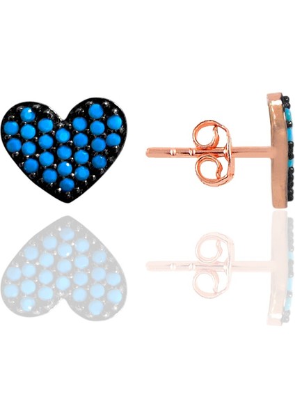 Gümüş Rose Nano Turkuaz Taşlı Kalp Modeli Küpe SGTL12817MAVİ