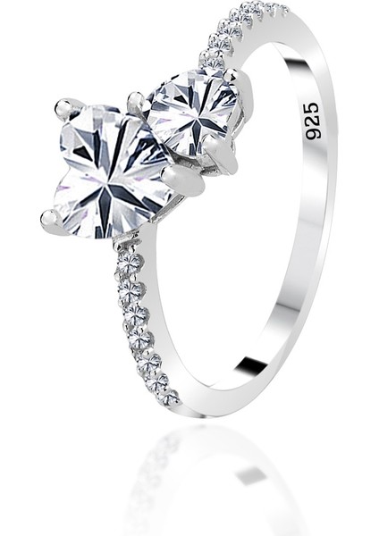 Gümüş Rodyumlu Zirkon Taşlı Parıldayan Ebedi Kalpler Yüzük