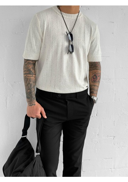 Erkek Regular Fit Örme Desenli T-Shirt Krem