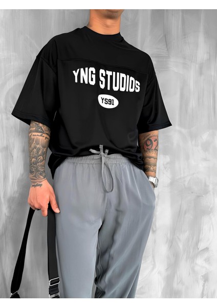 Erkek Baskılı Oversize Forma Kumaş T-Shirt Siyah