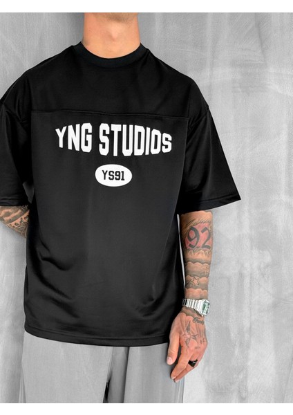 Erkek Baskılı Oversize Forma Kumaş T-Shirt Siyah modelleri