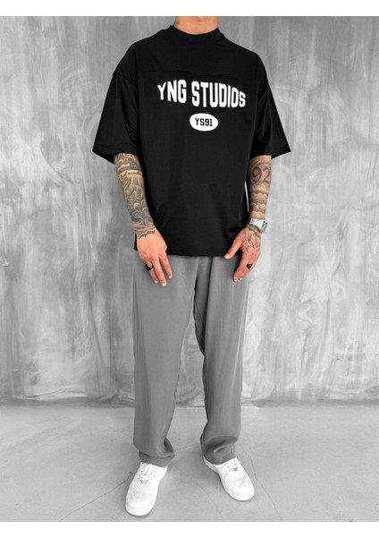Erkek Baskılı Oversize Forma Kumaş T-Shirt Siyah fırsatları