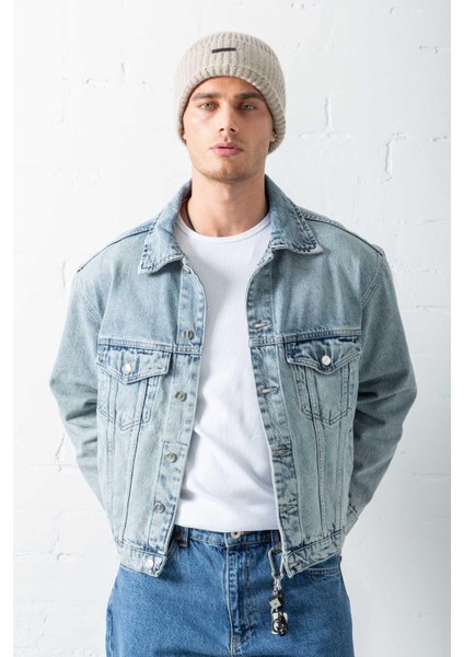 Erkek Boxy Fit Denim Ceket Mavi