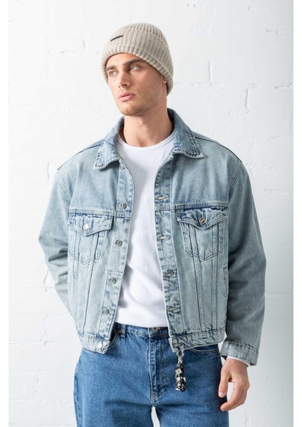 Erkek Boxy Fit Denim Ceket Mavi modelleri